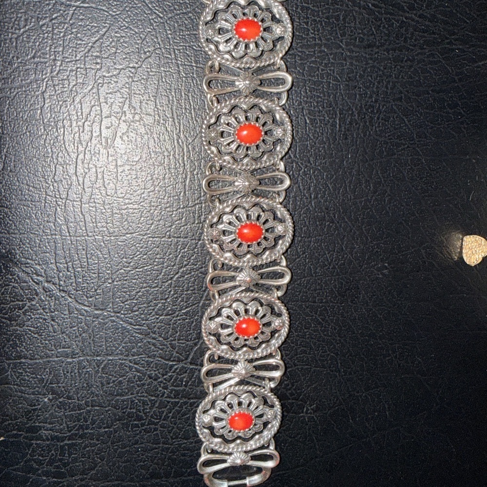Silver and Red Coral filagree Bracelet Sterling Silver 925 - Picture 1 of 12